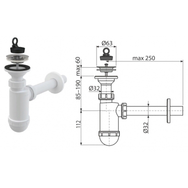 Сифон для умывальника с нерж. выпуском 63 мм. выпуск DN32 A410 (AlcaPlast)